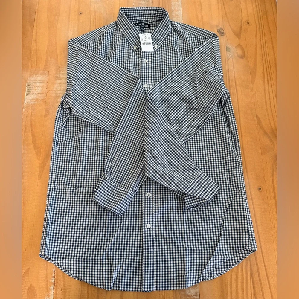 J. Crew Men's Navy and White Check Shirt NWT LARGE TALL Flex Button Up Shirt